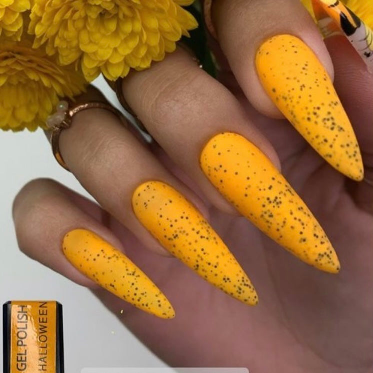 Žltý, oranžový hybridný lak s čiernymi bodkami, konfety - GP Halloween, 10 ml