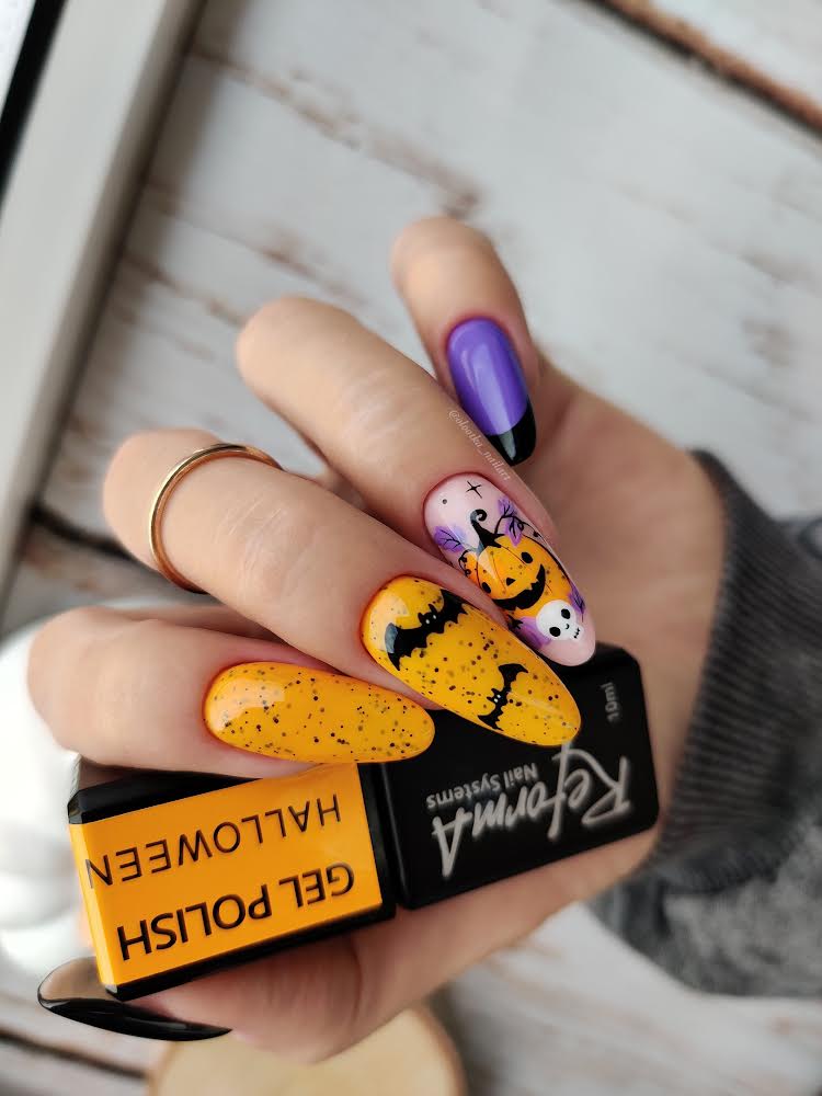 Žltý, oranžový hybridný lak s čiernymi bodkami, konfety - GP Halloween, 10 ml